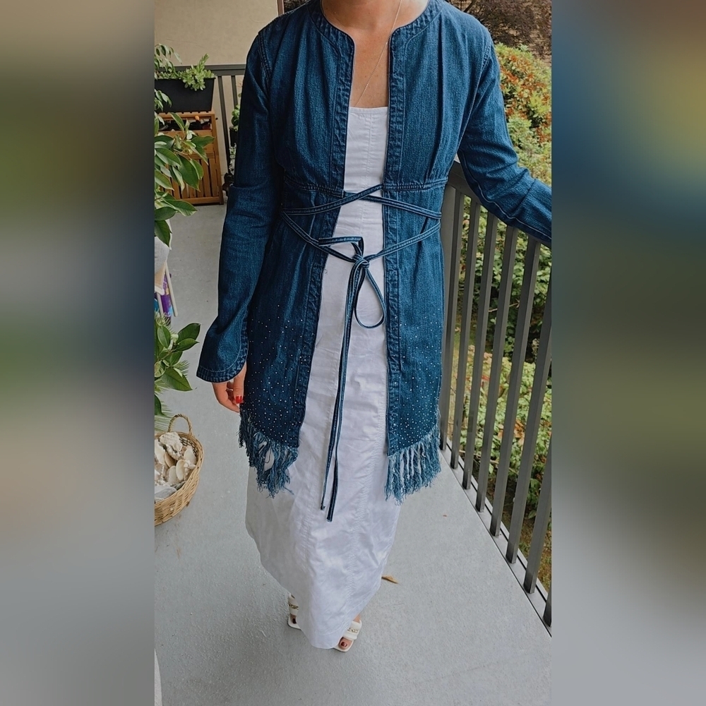 Fendi Diamonte Vintage Blue Denim Long-Sleeve Coat with Fringe - Picture 13 of 16